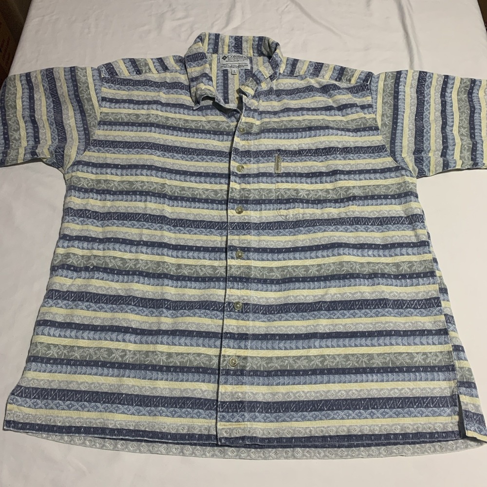 Vtg Columbia Sportswear Men's Woven Button Up‎ Size L Tropical Blue Yellow